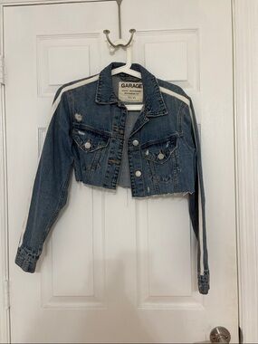 Garage Blue Denim Cropped Jacket with White Stripes